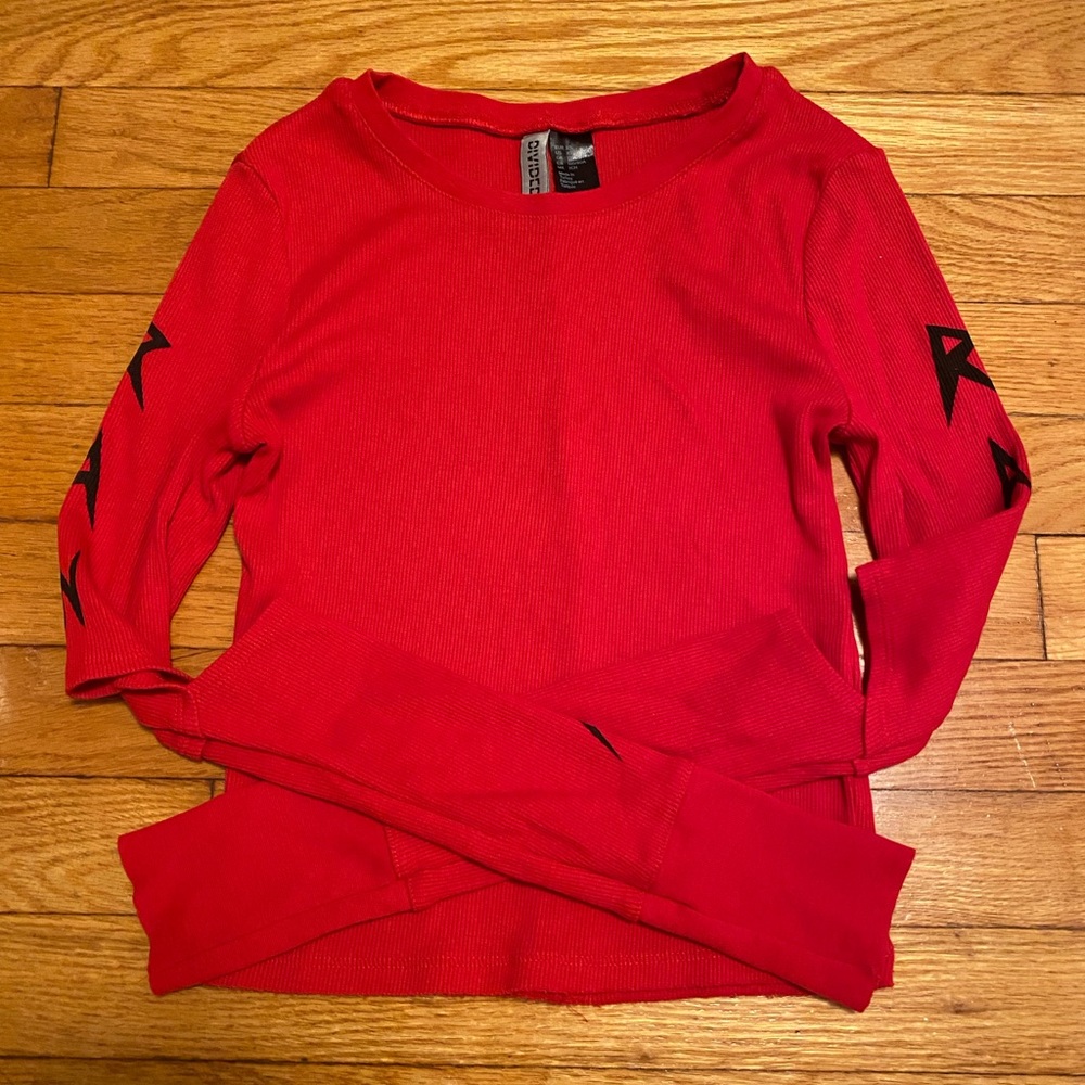 Red Crop Top Long Sleeve Slit Shirt